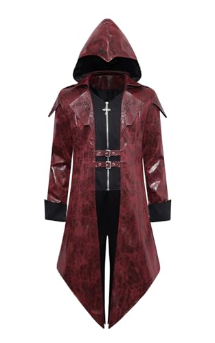 ZNZHKR Herren Steampunk-Jacke, Kunstleder, mittelalterlich, Gothic, viktorianischer Vampirmantel, Rot/Ausflug, einfarbig (Getaway Solids), L von ZNZHKR