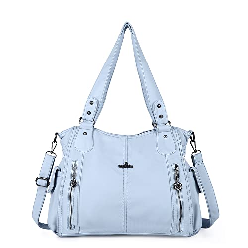 ZOCAI AngelKiss Handtasche Damen Schultertasche Multifunktionale Umhängetaschen Gewaschenes Veganes Leder Wasserdicht mit Reißver Schlusstaschen Reißverschlusstasche (Hellblau 2) von ZOCAI