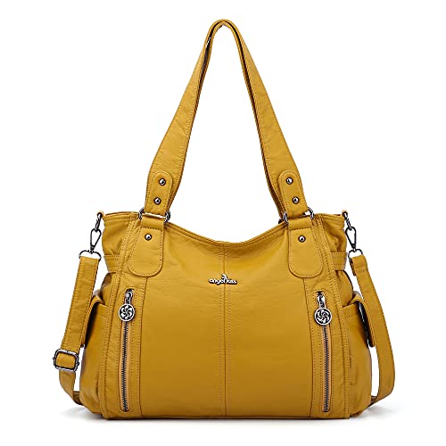 ZOCAI AngelKiss Handtasche Damen Schultertasche Multifunktionale Umhängetaschen Gewaschenes Veganes Leder Wasserdicht mit Reißver Schlusstaschen Reißverschlusstasche (Gelb) von ZOCAI