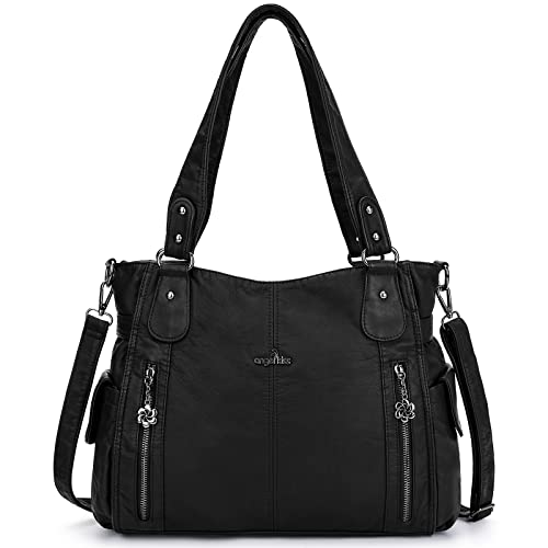 ZOCAI AngelKiss Handtasche Damen Schultertasche Multifunktionale Umhängetaschen Gewaschenes Veganes Leder Wasserdicht mit Reißver Schlusstaschen Reißverschlusstasche (Schwarz) von ZOCAI