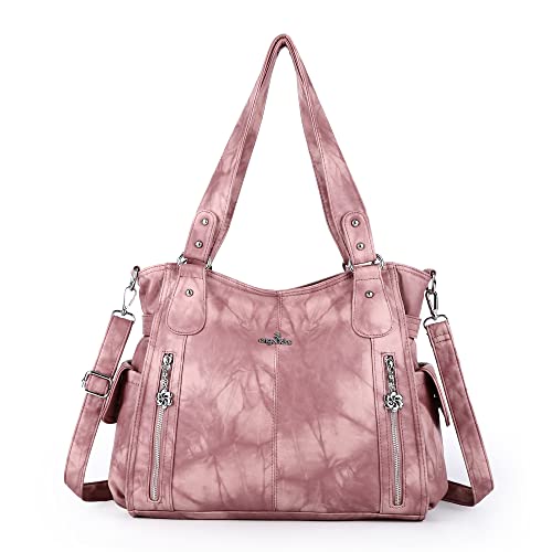 ZOCAI AngelKiss Handtasche Damen Schultertasche Multifunktionale Umhängetaschen Gewaschenes Veganes Leder Wasserdicht mit Reißver Schlusstaschen Reißverschlusstasche (Rosa 2) von ZOCAI