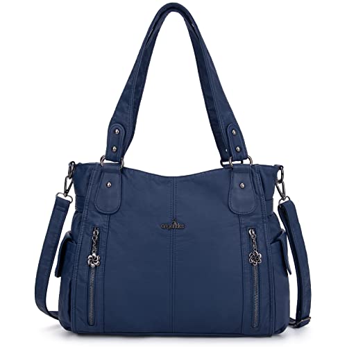 ZOCAI AngelKiss Handtasche Damen Schultertasche Multifunktionale Umhängetaschen Gewaschenes Veganes Leder Wasserdicht mit Reißver Schlusstaschen Reißverschlusstasche (Blau 2) von ZOCAI