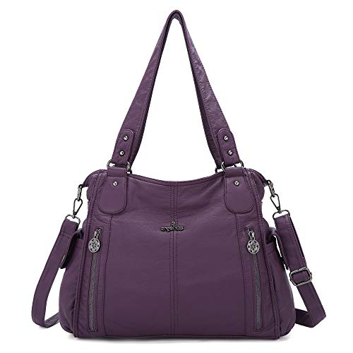 ZOCAI AngelKiss Handtasche Damen Schultertasche Multifunktionale Umhängetaschen Gewaschenes Veganes Leder Wasserdicht mit Reißver Schlusstaschen Reißverschlusstasche (Lila 3) von ZOCAI