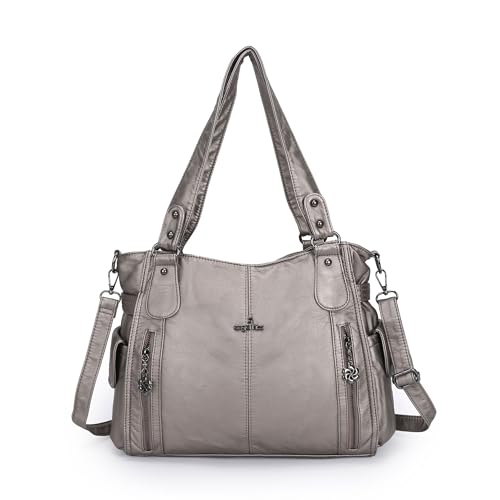 AngelKiss Handtasche Damen Schultertasche Multifunktionale Umhängetaschen Gewaschenes Veganes Leder Wasserdicht mit Reißver Schlusstaschen Reißverschlusstasche (Zinn) von ZOCAI