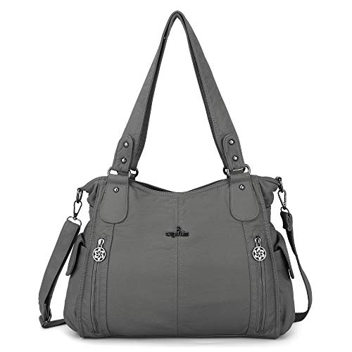 ZOCAI AngelKiss Handtasche Damen Schultertasche Multifunktionale Umhängetaschen Gewaschenes Veganes Leder Wasserdicht mit Reißver Schlusstaschen Reißverschlusstasche (Grau) von ZOCAI