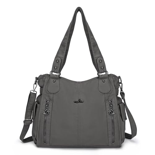 ZOCAI AngelKiss Handtasche Damen Schultertasche Multifunktionale Umhängetaschen Gewaschenes Veganes Leder Wasserdicht mit Reißver Schlusstaschen Reißverschlusstasche (Grau) von ZOCAI