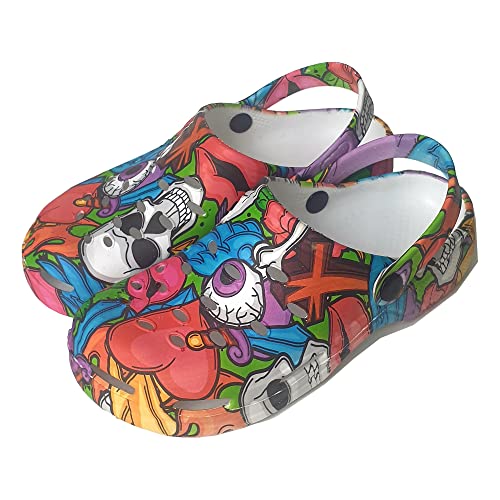 ZOCODIP Gesundheits-Clogs für Damen, lustig, bequem, aus Gummi, leicht, für Arbeit, Krankenschwester und Gastgewerbe, mit Wasserdruck, Farbige Totenköpfe, 39 EU von ZOCODIP