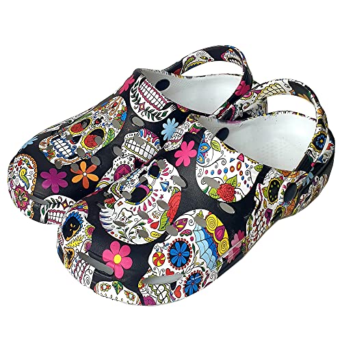 ZOCODIP Gesundheits-Clogs für Damen, lustig, bequem, aus Gummi, leicht, für Arbeit, Krankenschwester und Gastgewerbe, mit Wasserdruck, Schwarze Mexikanische Totenköpfe, 44 EU von ZOCODIP
