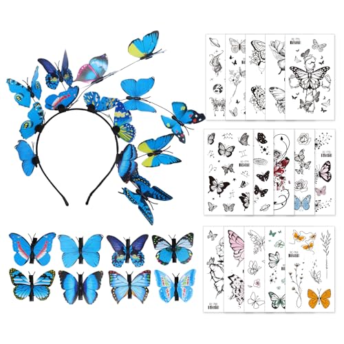 ZOCONE 24 Stück Schmetterlings Haarschmuck Set-1 Blau Schmetterling Haarreif Damen+ 8 Schmetterling Haarspangen+15 Schmetterling Tattoo Schmetterling Erwachsene Kinder Karneval Party Kostüm von ZOCONE