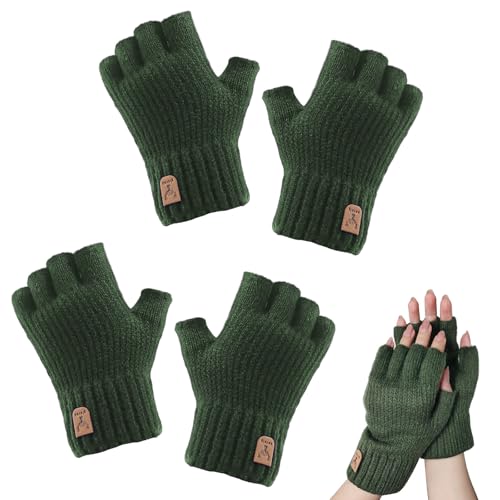 ZOCONE 2 Paar Strick Fingerlose Handschuhe Winter Warme Flexible Touchscreen Halbfinger Ohne Fingerkuppen Damen Herren Unisex Erwachsene (Grün) von ZOCONE