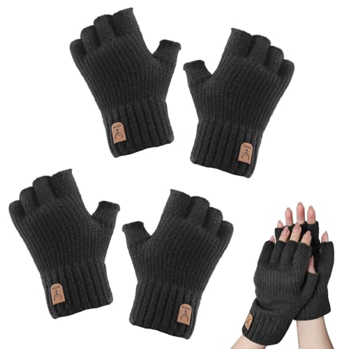 ZOCONE 2 Paar Strick Fingerlose Handschuhe Winter Warme Flexible Touchscreen Halbfinger Ohne Fingerkuppen Damen Herren Unisex Erwachsene (Schwarz) von ZOCONE