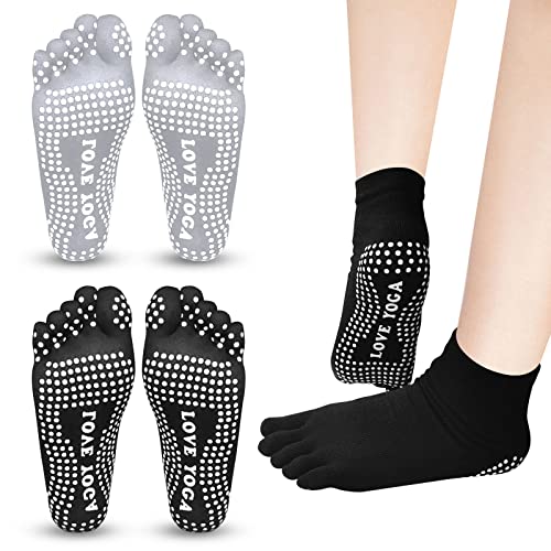 ZOCONE 2 Paar rutschfeste Yoga-Socken Damen Zehensocken Tanzsocken für Yoga, Pilates, Barre oder Home Gym Sport und Workouts rutschfeste Socken grau und schwarz von ZOCONE