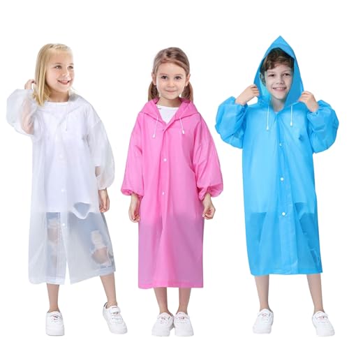 ZOCONE 3 Stück Regenponcho Kinder Wiederverwendbar Regencape Kinder Poncho Regen Kinder mit Druckknopf und Hut, Regenmantel Regenschutz für Mädchen Junge von ZOCONE