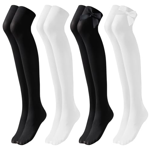 ZOCONE 4 Paar Weiß Schwarz Overknees Strümpfe Damen Eisseide Thigh Highs, Krawatte Schmetterling Kniestrümpfe Socks Lange Baumwollsocken Freizeitsocken mit kurzem Rock für Frühling Sommer Herbst von ZOCONE