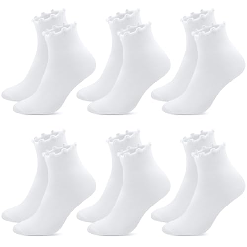 ZOCONE 6 Paar Rüschen Socken Damen Baumwolle Weiß Söckchen mit Rüschen Knöchelsocken Socken Rüschen 35-38 Süße Ruffle Socks Atmungsaktives Rüschensocken für Damen Mädchen Sport Freizeit von ZOCONE