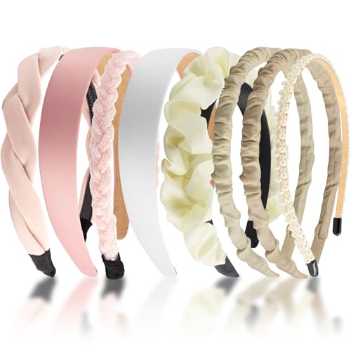 ZOCONE 8 Stück Set Haarreifen Damen, Rosa Geflochtenes Haarreifen Perlen Haarreif, Geflochtenes Breite Stirnbänd Kunststoff Haarreif Verschiedene Modische Modelle Stirnbänder für Damen Mädchen von ZOCONE