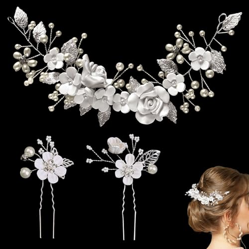 ZOCONE Braut Blume Haarschmuck Silber Kristall Stirnband Blume Blatt Kopfschmuck Perle Haarschmuck Braut Haarnadeln Hochzeit Kommunion Brautschmuck für Frauen und Mädchen Brautfrisur (A) von ZOCONE