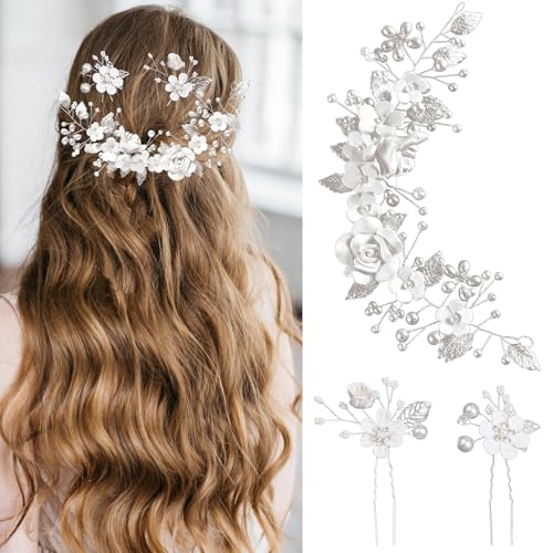 ZOCONE Braut Blume Haarschmuck Silber Kristall Stirnband Blume Blatt Kopfschmuck Perle Haarschmuck Braut-Haarnadeln, Haarnadeln für Hochzeit, für Frauen und Mädchen Brautfrisur (A) von ZOCONE