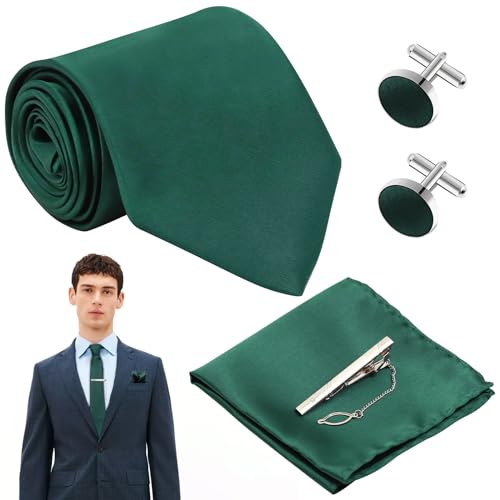 ZOCONE Herren Krawatten Set Grüne Elegant Krawatte Herren Seide Krawatte mit Einstecktuch Krawattennadel Manschettenknöpfe Einfarbig Satin Krawatte 8cm Schlips Herren für Hochzeit Partei Beerdigung von ZOCONE