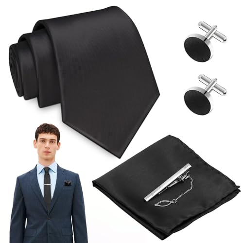 ZOCONE Herren Krawatten Set Schwarze Elegant Krawatte Herren Seide Krawatte mit Einstecktuch Krawattennadel Manschettenknöpfe Einfarbig Satin Krawatte 8cm Schlips Herren für Hochzeit Partei Beerdigung von ZOCONE