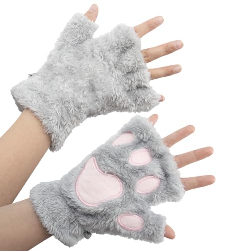 ZOCONE Katzenpfoten Halbhandschuhe Fingerlos Weicher Plüsch Handschuhe Damen Verdickte Warme Schreibhandschuhe Winter fingerlose Plüsch Handschuh (Grau) von ZOCONE