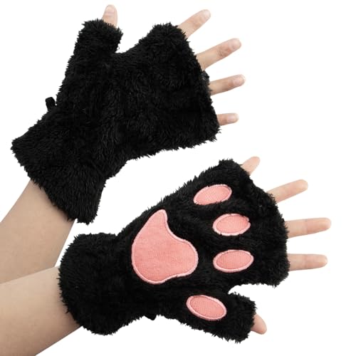 ZOCONE Katzenpfoten Halbhandschuhe Fingerlos Weicher Plüsch Handschuhe Damen Verdickte Warme Schreibhandschuhe Winter fingerlose Plüsch Handschuh (Schwarz) von ZOCONE
