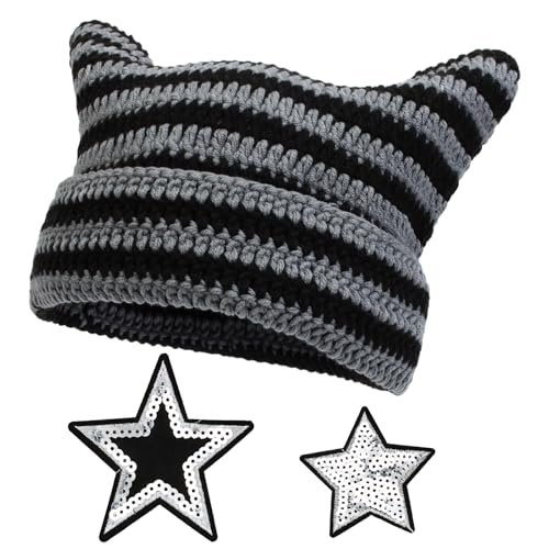 ZOCONE Mütze Mit Ohren Cat Beanie Damen Mütze Katzenohren Strickmütze mit 2-Sterne-Stickaufkleber Winterwarme, Dehnbare Wintermütze für Damen (Schwarz Grau) von ZOCONE