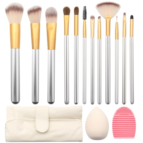 ZOCONE Pinselset Makeup 12 Stück Professionelles Make Up Pinsel Set,1 Reinigungsei, 1 Make Up Schwamm, Für Fontation Concealer, Lidschatten Rouge, Blush Palette, Puder, Mit Beige Ledertasche von ZOCONE