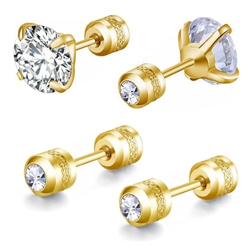 2 Paar Ohrstecker Set, hypoallergen Cubic Zirkonia 316L Edelstahl CZ Schraube zurück Doppelseitige Ohrringe für Männer, Frauen, Jungen & Mädchen (Gold-6mm) von ZOCOYUU