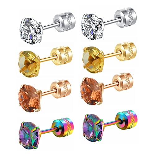 ZOCOYUU 4 Paar Titan-Ohrstecker mit Schraubverschluss, chirurgischer Edelstahl, für Damen und Herren, Regenbogenfarben, 5 A, Zirkonia-Ohrstecker, doppelseitig, Piercingschläfer, Schmuck, 6 mm, Titan von ZOCOYUU