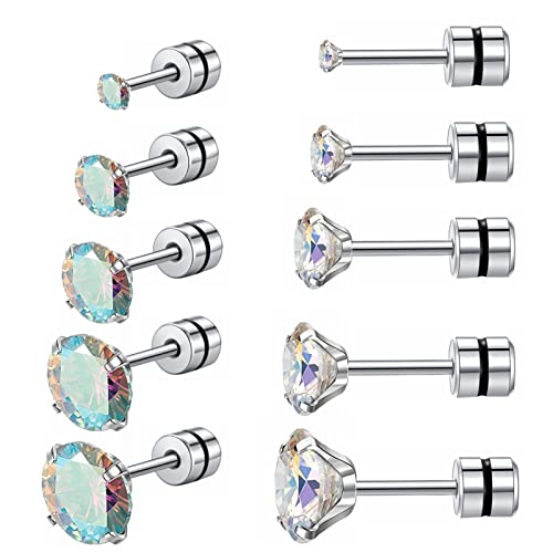 ZOCOYUU 5 Paar Titan-Ohrstecker mit Schraubverschluss, chirurgischer Edelstahl, für Damen und Herren, Regenbogenfarben, 5 A Zirkonia, 20 g, Helix-Piercing, Schmuck, Knorpel-Ohrringe für empfindliche Ohren, Schlaf-Ohrstecker, Edelstahl von ZOCOYUU