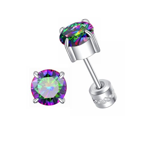 ZOCOYUU Hypoallergene Titan-Ohrringe für empfindliche Ohren, Implantat Grade Chirurgischer Edelstahl 5A Cubic Zirkonia Piercing Sleeper Ohrstecker (Silver-Rainbow-6mm) von ZOCOYUU