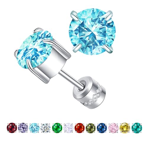 ZOCOYUU Titan Schraube zurück chirurgischen Edelstahl Ohrstecker für Frauen Männer, hypoallergene Birthstone Ohrstecker Double Side 5A Cubic Zirconia Ohrstecker Schmuck 6mm (März (Aquamarin)) von ZOCOYUU