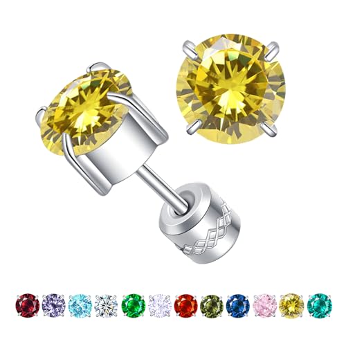 ZOCOYUU Titan Schraube Zurück Chirurgischen Edelstahl Ohrstecker für Frauen Männer - Hypoallergene Birthstone Double Side 5A Cubic Zirconia Schmuck 6mm (November Gelb) von ZOCOYUU