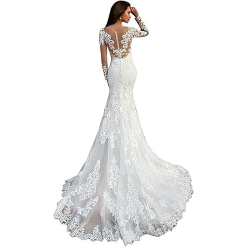 ZODICK Damen Meerjungfrau Brautkleid Luxury Hochzeitskleid Lange Ärmel Tüll Spitze Applique Brautkleider von ZODICK