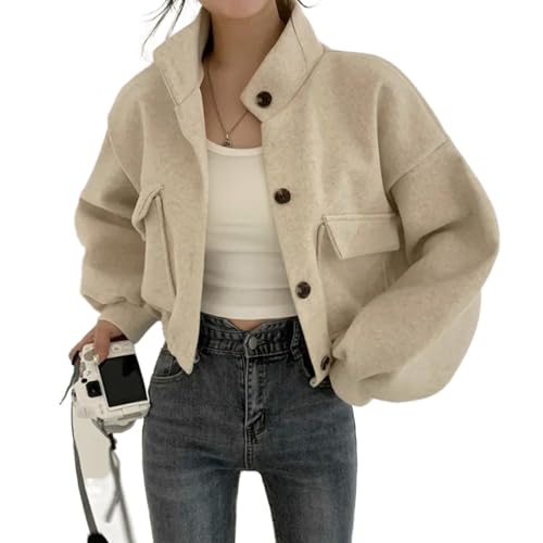ZODICK Herbst Winter Kurze Jacke Langarm Stehen Kragen Lose Mantel Lässig Frauen Vintage-Mode Koreanischen Stil Einfarbig Oberbekleidung,Aprikose,L von ZODICK