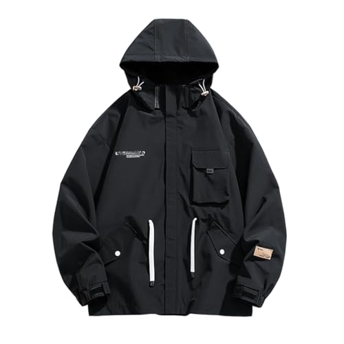 ZODICK Plus Size 9XL Cargojacke Herren Frühling Herbst Mode Lose Kapuze Trendige Große Größe Multi-Pocket Jacke Lässige Vielseitige Einfarbige Mäntel,Schwarz,9XL von ZODICK