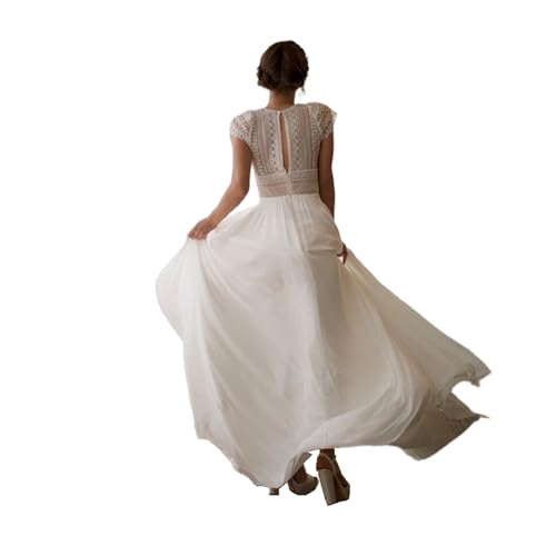 ZODICK Vintage Böhmisches Hochzeitskleid Spitze Kurze Ärmel Langes Brautkleid Chiffon Strand Brautkleid einfach angepasst von ZODICK