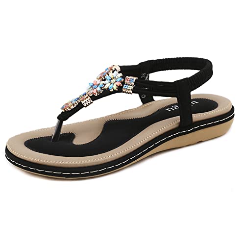 ZOEASHLEY Sandalen Damen Sommer Flache Zehentrenner Sandaletten Bohemian Flip Flops Schwarz08 36 von ZOEASHLEY