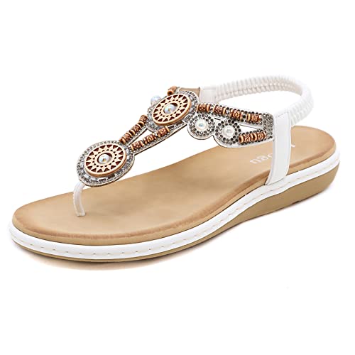 ZOEASHLEY Sandalen Damen Sommer Flache Zehentrenner Sandaletten Bohemian Flip Flops Weiß07 36 von ZOEASHLEY