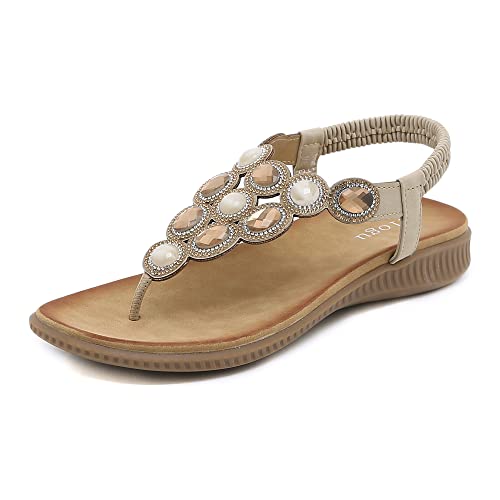 ZOEASHLEY Sandalen Damen Strass Flache Sandaletten Sommer Offene Zehe Zehentrenner Bohemian Flip Flops Beige27 36 EU von ZOEASHLEY