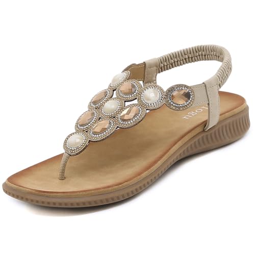 ZOEASHLEY Sandalen Damen Strass Flache Sandaletten Sommer Offene Zehe Zehentrenner Bohemian Flip Flops Beige27 39 EU von ZOEASHLEY