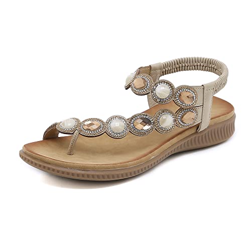 ZOEASHLEY Sandalen Damen Strass Flache Sandaletten Sommer Offene Zehe Zehentrenner Bohemian Flip Flops Beige28 37 EU von ZOEASHLEY