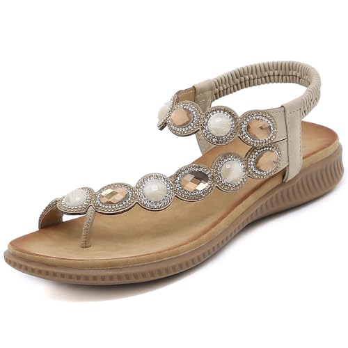 ZOEASHLEY Sandalen Damen Strass Flache Sandaletten Sommer Offene Zehe Zehentrenner Bohemian Flip Flops Beige28 40 EU von ZOEASHLEY