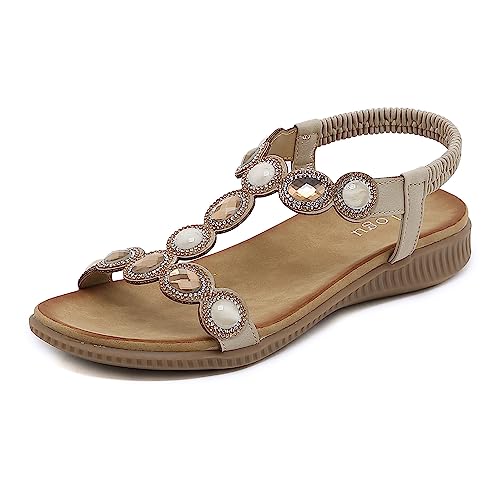 ZOEASHLEY Sandalen Damen Strass Flache Sandaletten Sommer Offene Zehe Zehentrenner Bohemian Flip Flops Beige29 36 EU von ZOEASHLEY