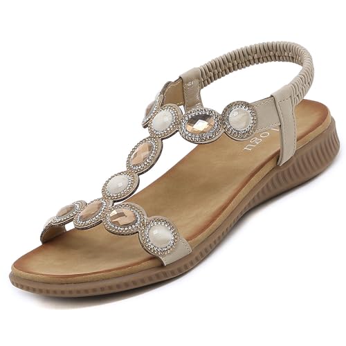 ZOEASHLEY Sandalen Damen Strass Flache Sandaletten Sommer Offene Zehe Zehentrenner Bohemian Flip Flops Beige29 41 EU von ZOEASHLEY