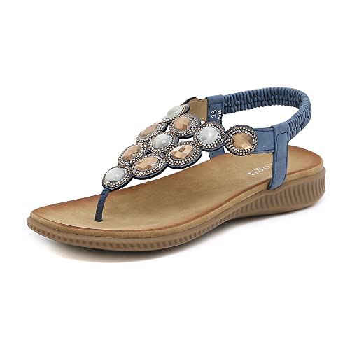 ZOEASHLEY Sandalen Damen Strass Flache Sandaletten Sommer Offene Zehe Zehentrenner Bohemian Flip Flops Blau27 36 EU von ZOEASHLEY