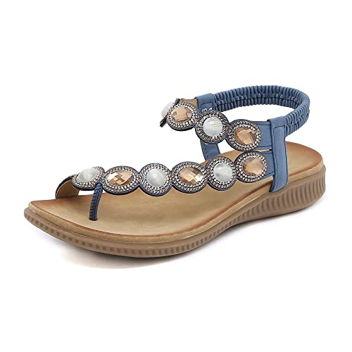 ZOEASHLEY Sandalen Damen Strass Flache Sandaletten Sommer Offene Zehe Zehentrenner Bohemian Flip Flops Blau28 36 EU von ZOEASHLEY