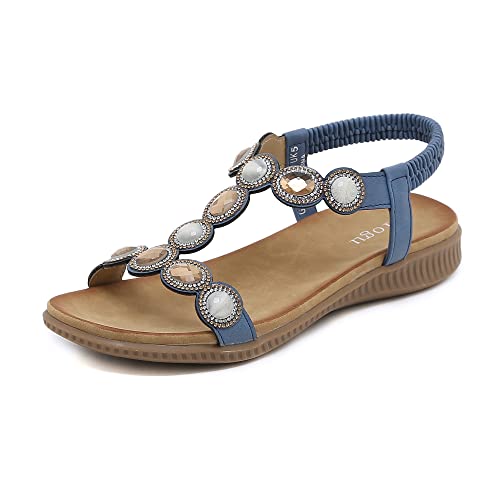 ZOEASHLEY Sandalen Damen Strass Flache Sandaletten Sommer Offene Zehe Zehentrenner Bohemian Flip Flops Blau29 37 EU von ZOEASHLEY