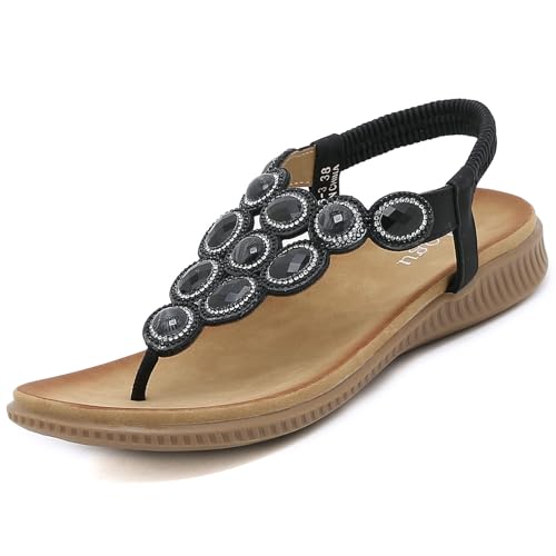 ZOEASHLEY Sandalen Damen Strass Flache Sandaletten Sommer Offene Zehe Zehentrenner Bohemian Flip Flops Schwarz27 41 EU von ZOEASHLEY